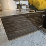 Sophisticated TV Stand with Dark Marble Top, Natural Wood Veneer Panels and Concealed Storage Drawers